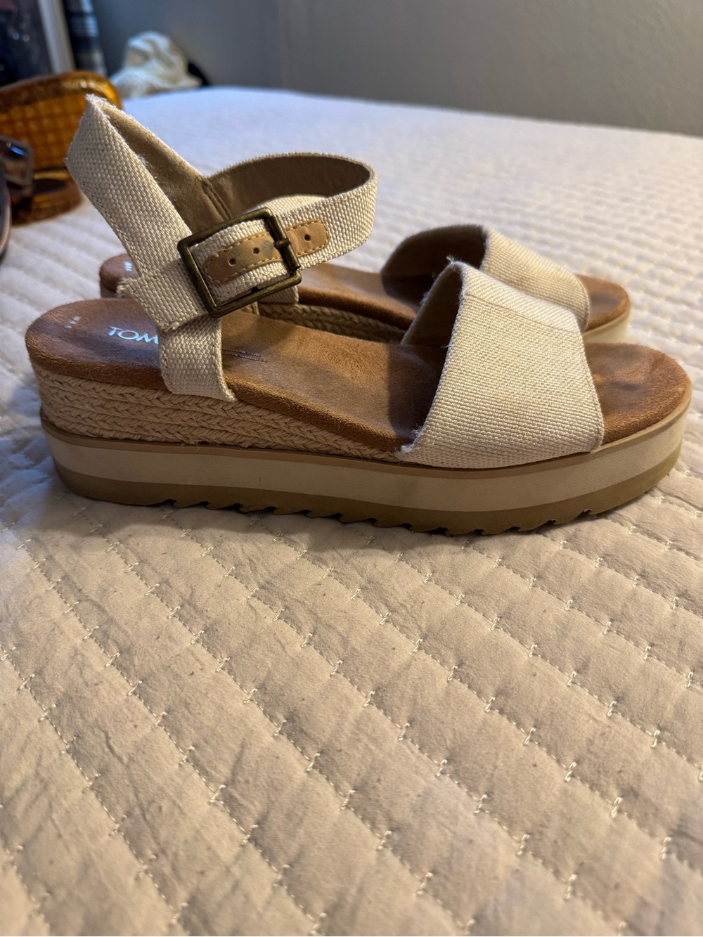Toms Cream Canvas Platform Sandals with Buckle Ankle Strap